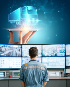 Caminhão sendo monitorado por sistema de rastreamento em tempo real para gestão de riscos no transporte de cargas"